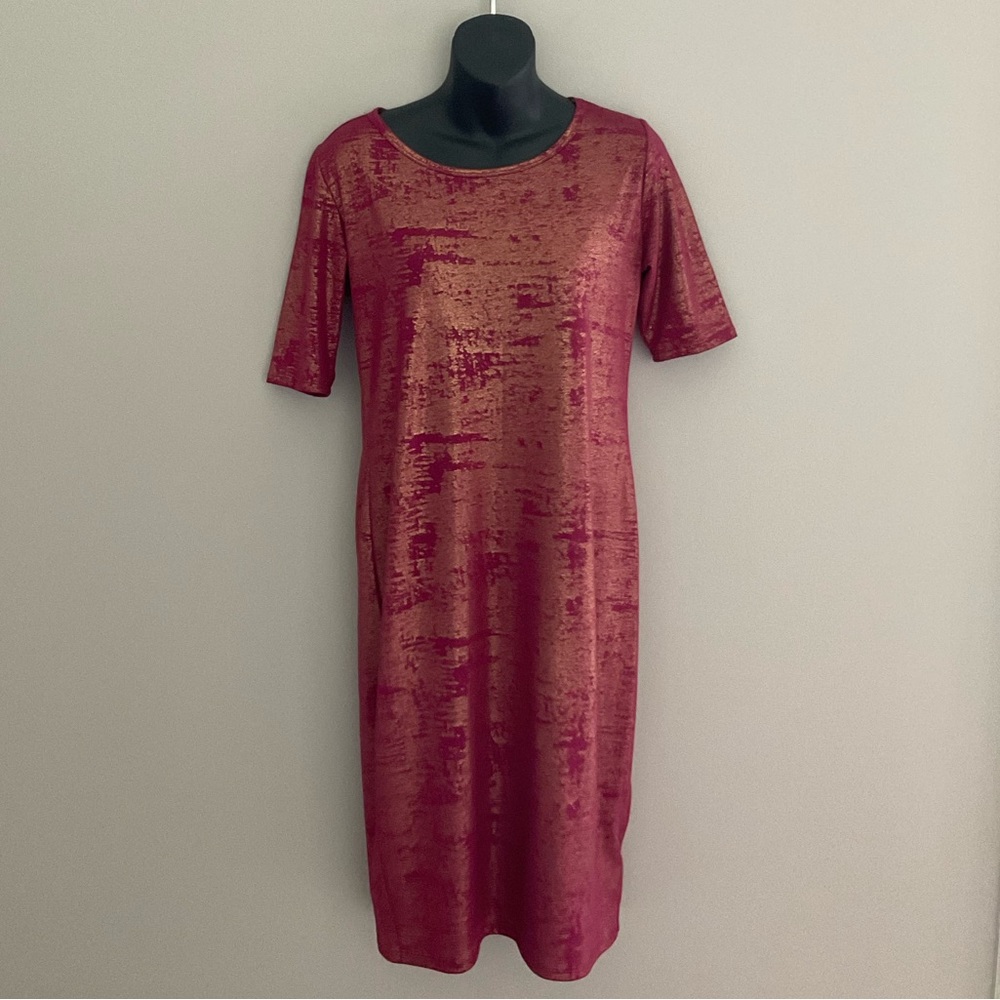 LuLaRoe, metallic red/gold dress, julia style, size M. EUC